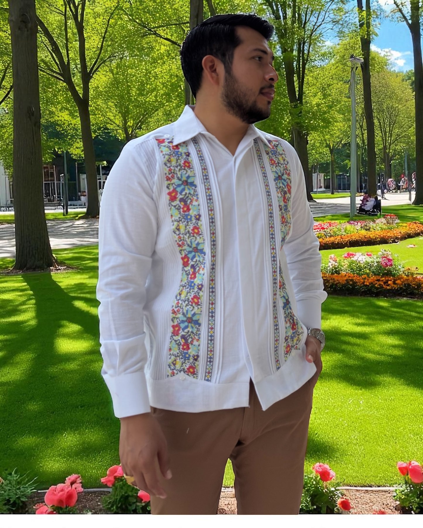 Guayabera Manga Larga MOD.014 Con Bordado De Punto de Cruz