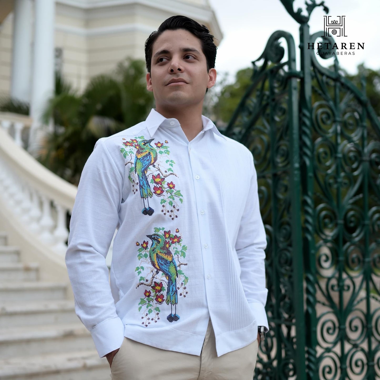Guayabera Manga Larga MOD.022 Bordado de Pájaro Tho