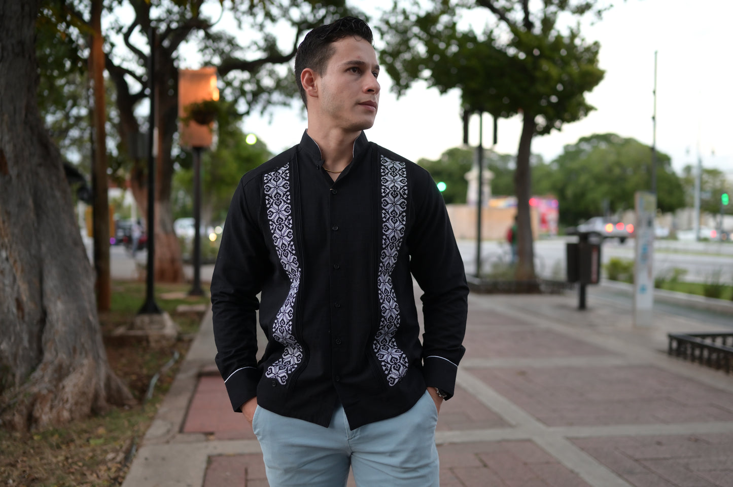 Guayabera Manga Larga MOD.064 Bordado De Corazones y cuello mao