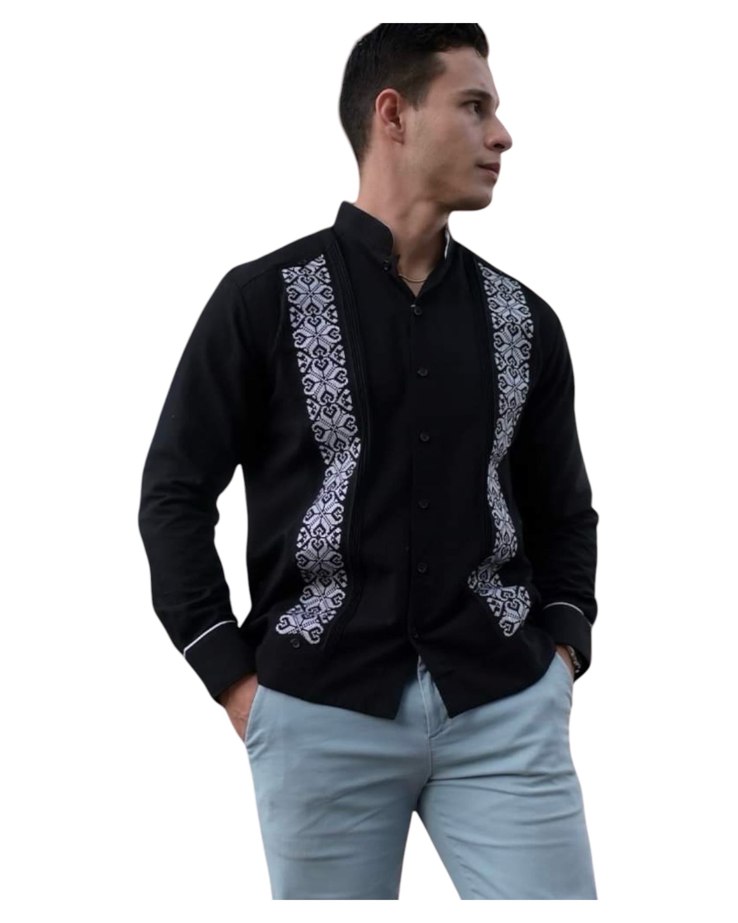 Guayabera Manga Larga MOD.064 Bordado De Corazones y cuello mao