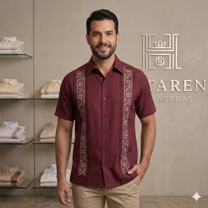 Guayabera Manga Corta MOD.054 Modelo Marcos Color Vino | Guayabera artesanal | HETAREN GUAYABERAS