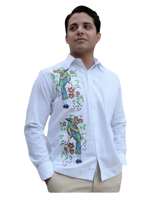 Guayabera Manga Larga MOD.022 Bordado de Pájaro Tho