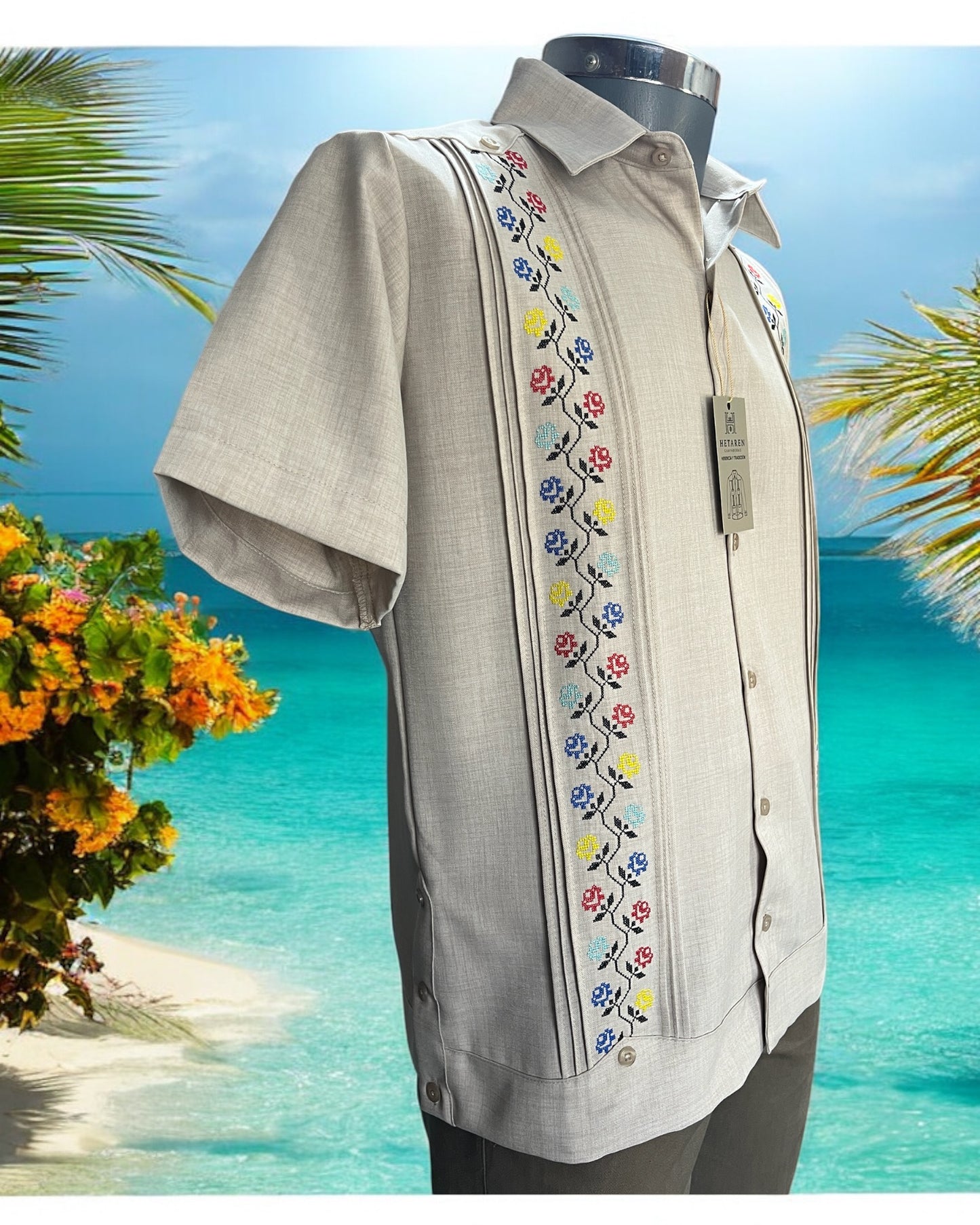 Guayabera Manga Corta MOD.110 Modelo Sueños de Primavera Color Beige