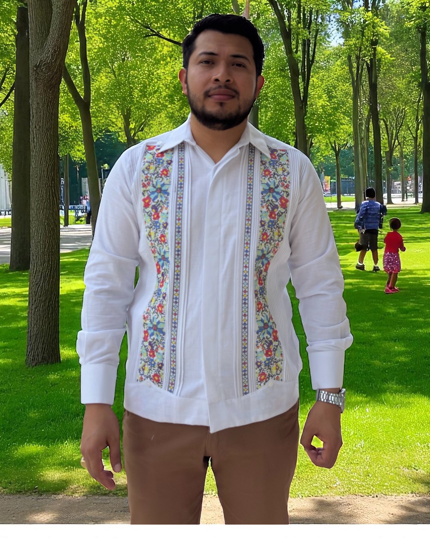 Guayabera Manga Larga MOD.014 Con Bordado De Punto de Cruz