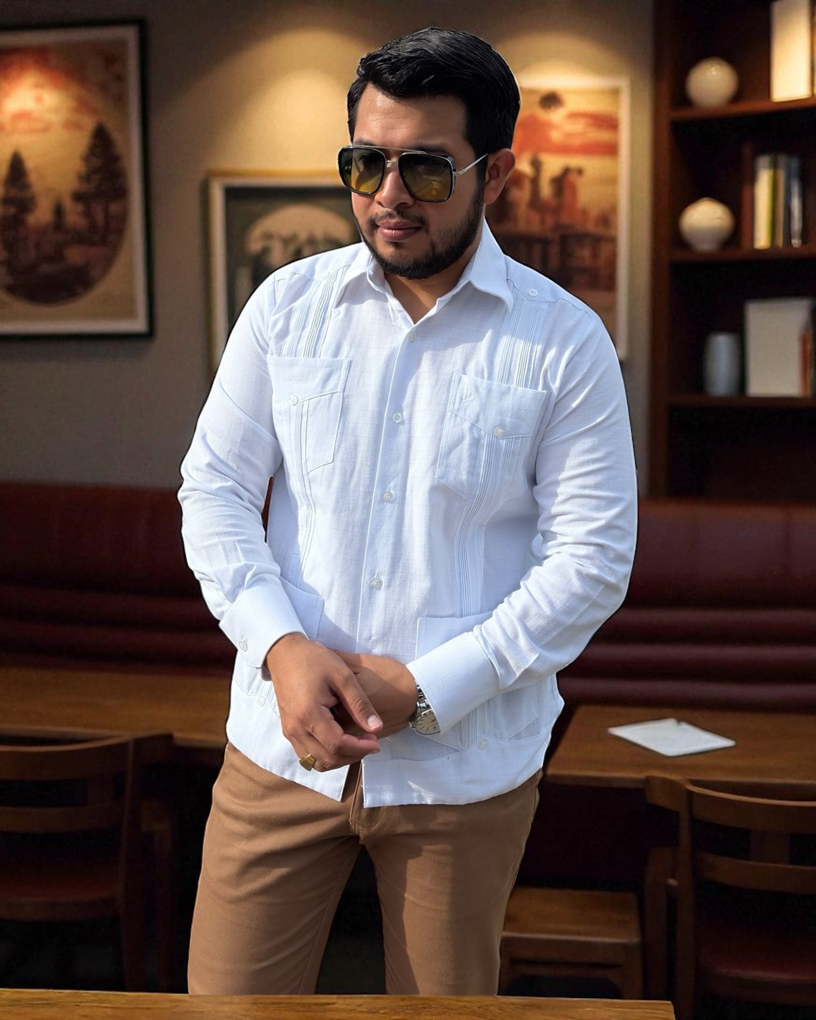 Guayabera Cubana Manga Larga Con 4 Bolsas y Alforzas | Guayabera artesanal | HETAREN GUAYABERAS