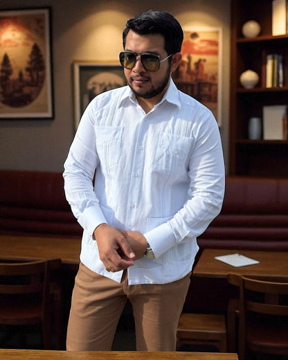 Guayabera Cubana Manga Larga Con 4 Bolsas y Alforzas