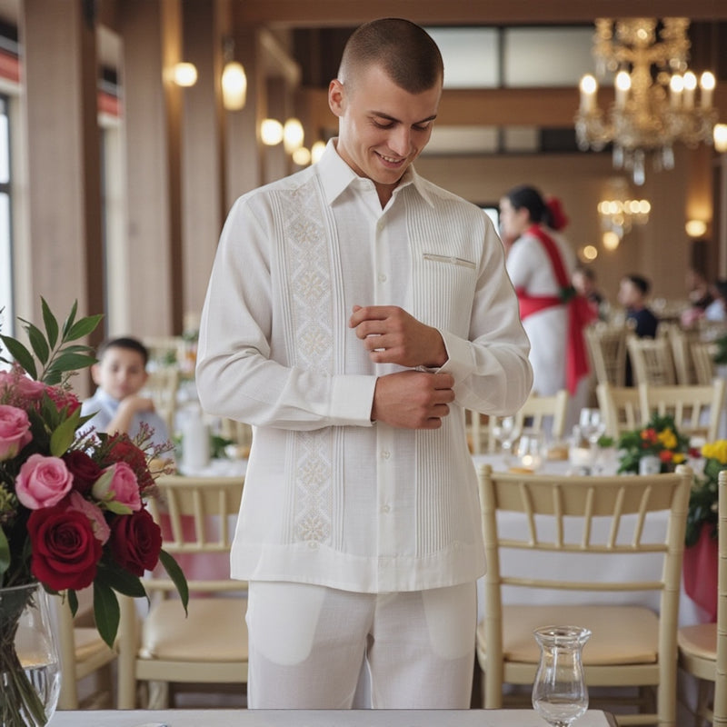 Guayabera Manga Larga MOD.108 Bordado al Tono y su bolsa de vivo | Guayabera artesanal | HETAREN GUAYABERAS