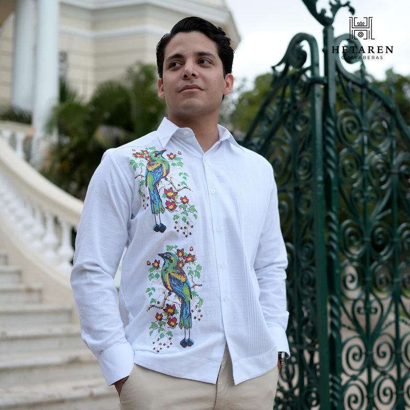 Guayabera Manga Larga MOD.022 Bordado de Pájaro Tho | Guayabera artesanal | HETAREN GUAYABERAS
