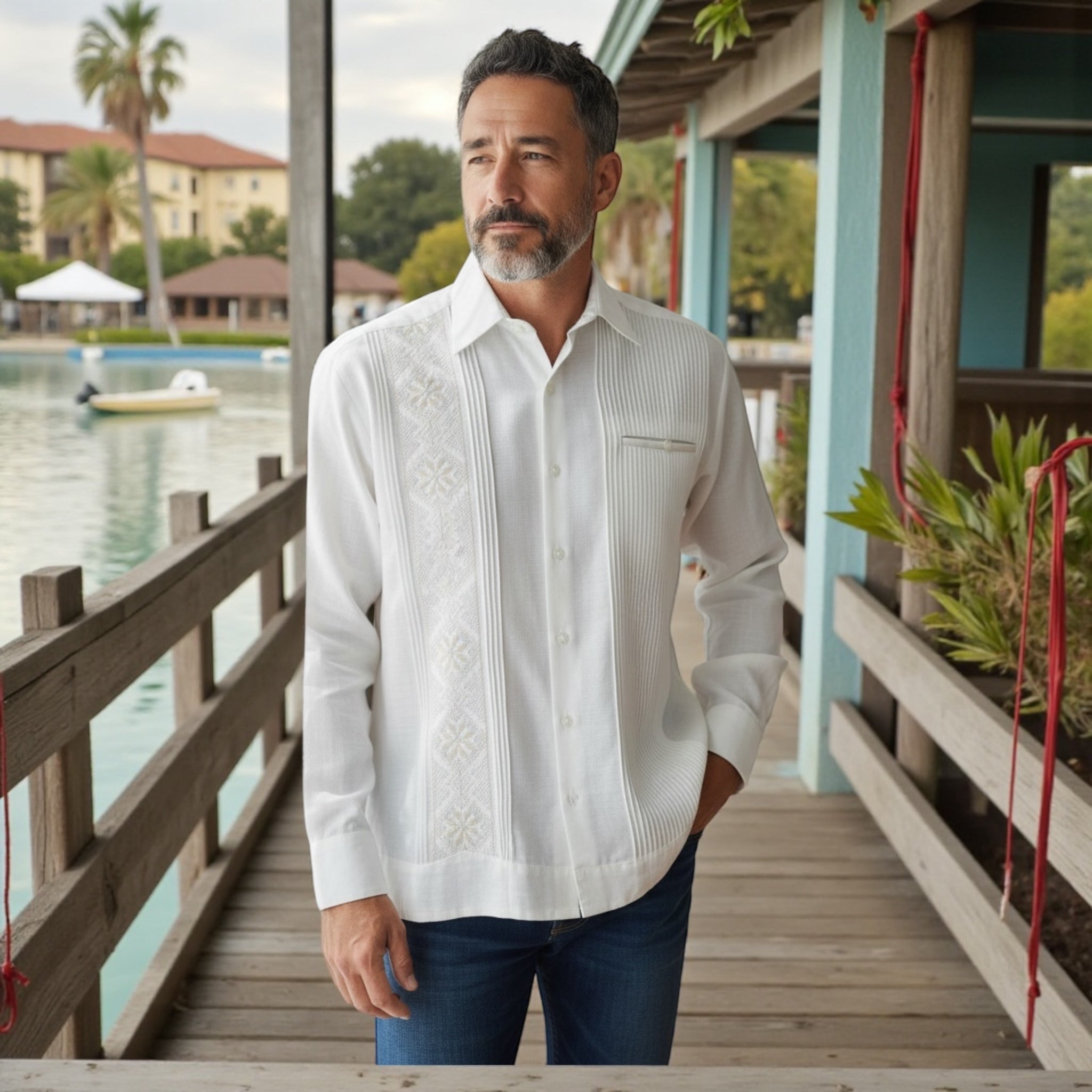Guayabera Manga Larga MOD.108 Bordado al Tono y su bolsa de vivo | Guayabera artesanal | HETAREN GUAYABERAS