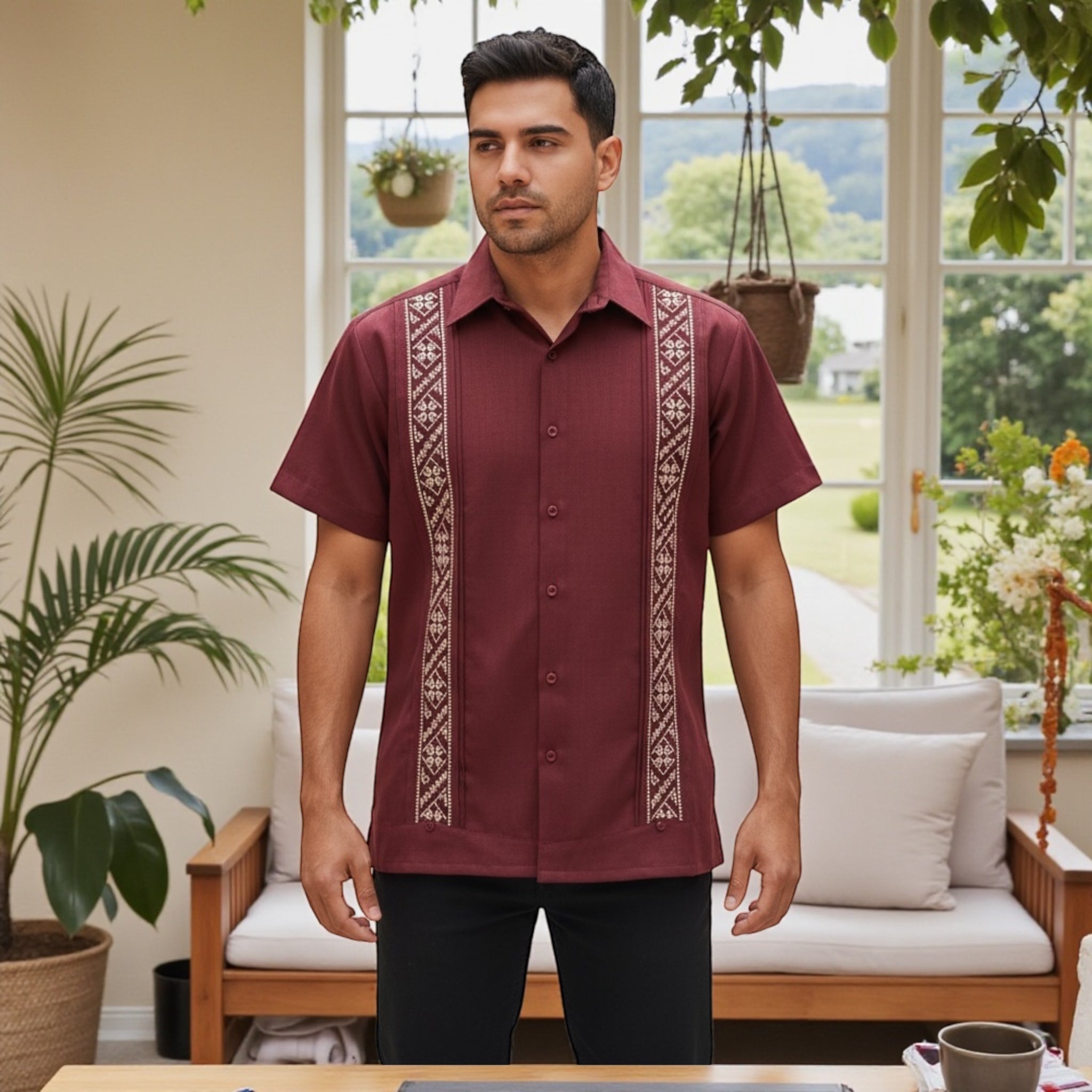Guayabera Manga Corta MOD.054 Modelo Marcos Color Vino | Guayabera artesanal | HETAREN GUAYABERAS