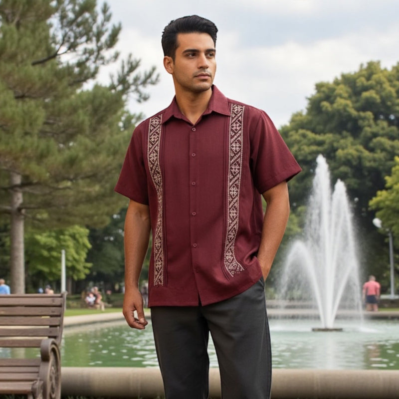 Guayabera Manga Corta MOD.054 Modelo Marcos Color Vino | Guayabera artesanal | HETAREN GUAYABERAS