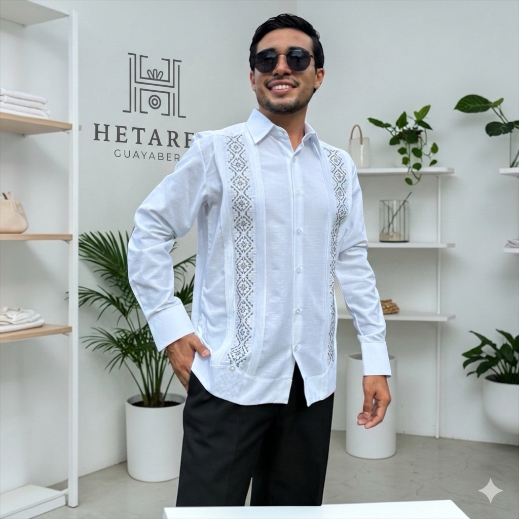 Guayabera Manga Larga MOD.079B Bordado Negro y Gris | Guayabera artesanal | HETAREN GUAYABERAS