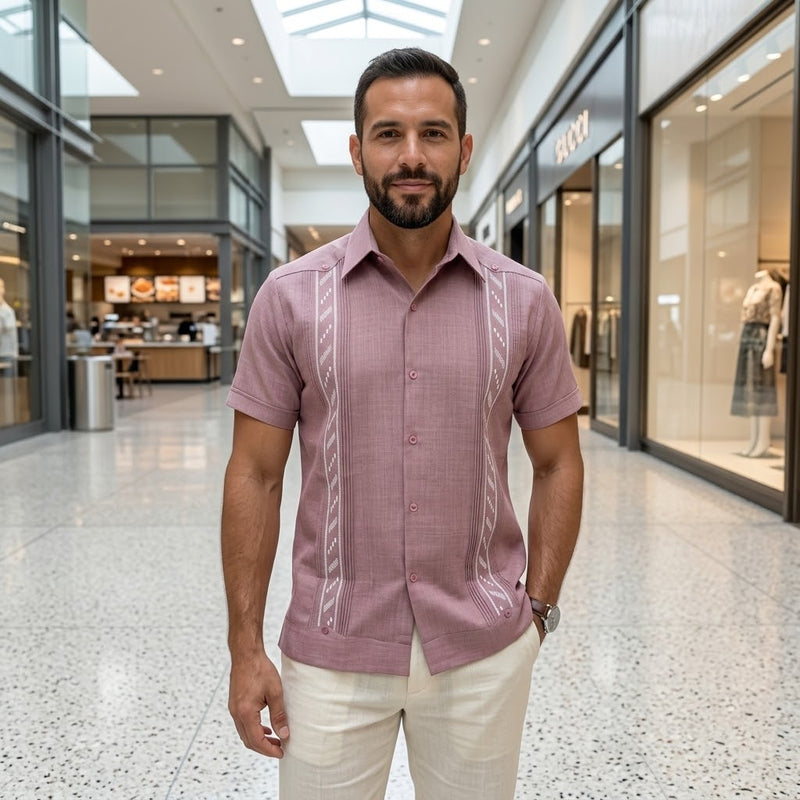 Guayabera Manga Corta MOD.048 Color Palo de Rosa Con Bordado Baritas Blanco | Guayabera artesanal | HETAREN GUAYABERAS