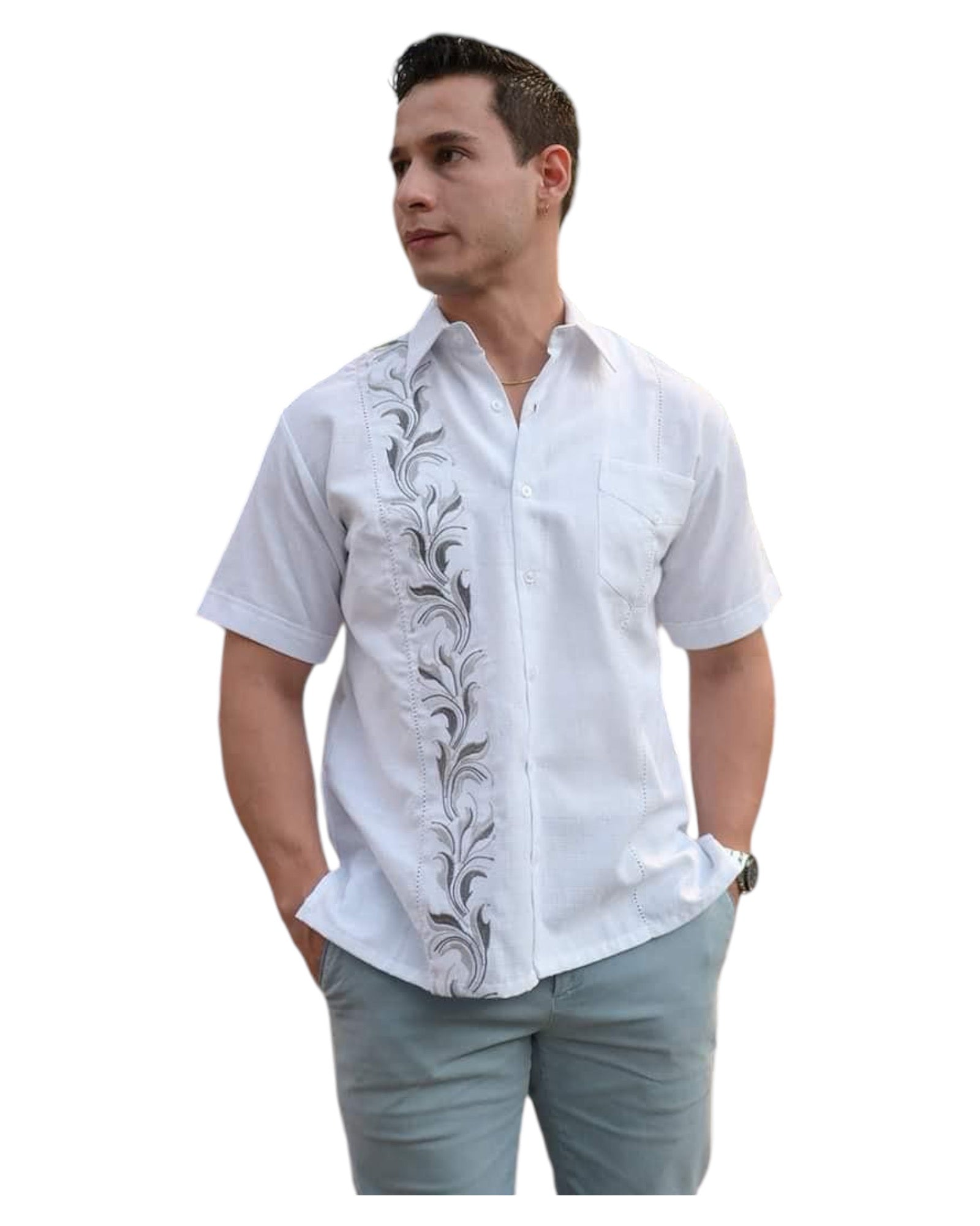 Guayamisa Manga Corta MOD.017 Bordado Hojas de Lirio | Guayabera artesanal | HETAREN GUAYABERAS