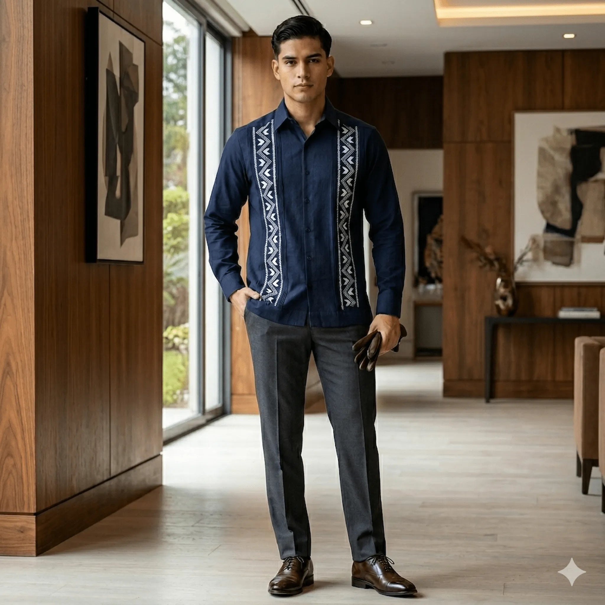 Guayabera Manga Larga MOD.049 Bordados Saeta | Guayabera artesanal | HETAREN GUAYABERAS