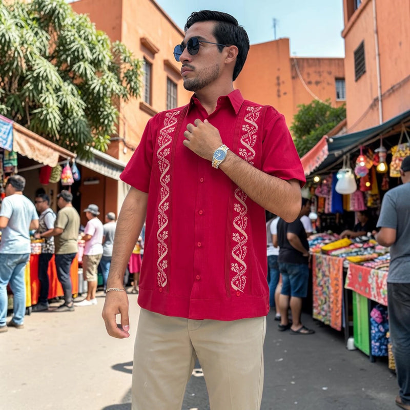 Guayabera Manga Corta MOD.050 Modelo Felipe Color Rojo | Guayabera artesanal | HETAREN GUAYABERAS