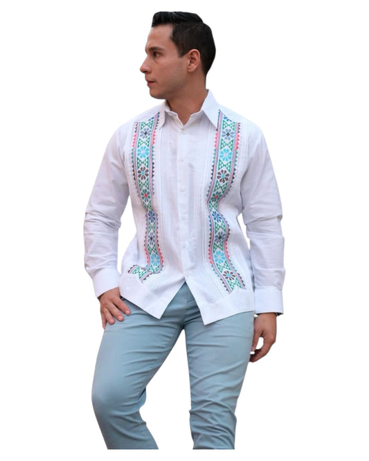 Guayabera Manga Larga MOD.077 Con Bordado De Flores colores