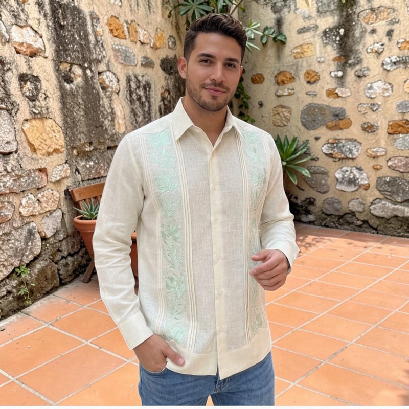 Guayabera Manga Corta MOD.088C Bordado Ilusión Color Verde Agua | Guayabera artesanal | HETAREN GUAYABERAS
