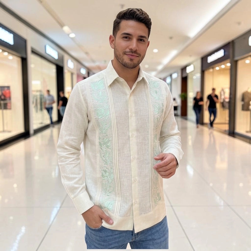 Guayabera Manga Corta MOD.088C Bordado Ilusión Color Verde Agua | Guayabera artesanal | HETAREN GUAYABERAS