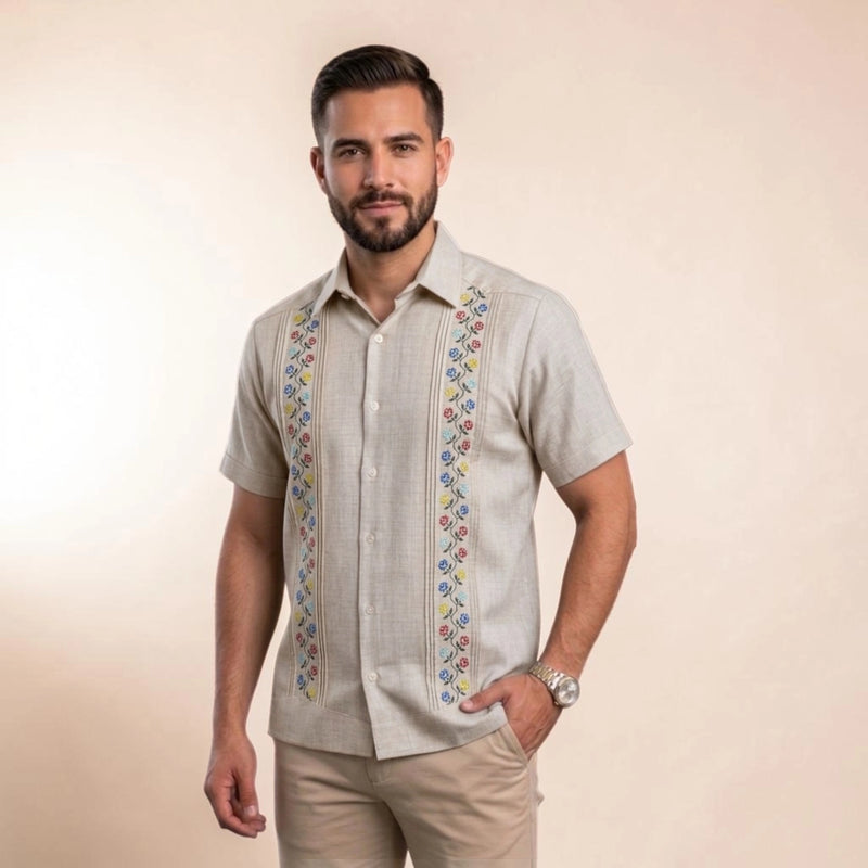 Guayabera Manga Corta MOD.110 Modelo Sueños de Primavera Color Beige | Guayabera artesanal | HETAREN GUAYABERAS