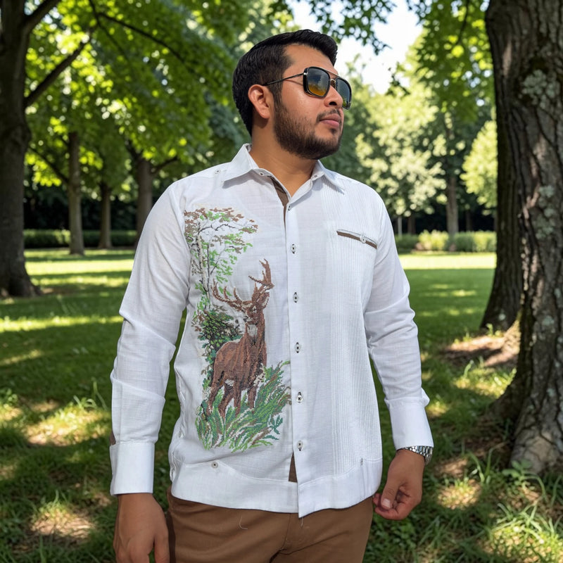 Guayabera Manga Larga MOD.125 Con Bordado Venado | Guayabera artesanal | HETAREN GUAYABERAS