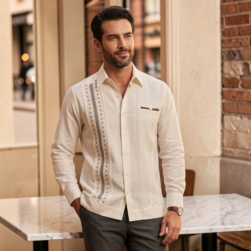 Guayabera Manga Larga MOD.007 Bordado de 2 colores y su bolsa de vivo combinado | Guayabera artesanal | HETAREN GUAYABERAS