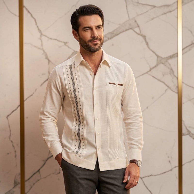 Guayabera Manga Larga MOD.007 Bordado de 2 colores y su bolsa de vivo combinado | Guayabera artesanal | HETAREN GUAYABERAS