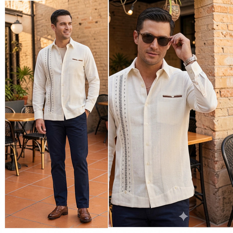 Guayabera Manga Larga MOD.007 Bordado de 2 colores y su bolsa de vivo combinado | Guayabera artesanal | HETAREN GUAYABERAS