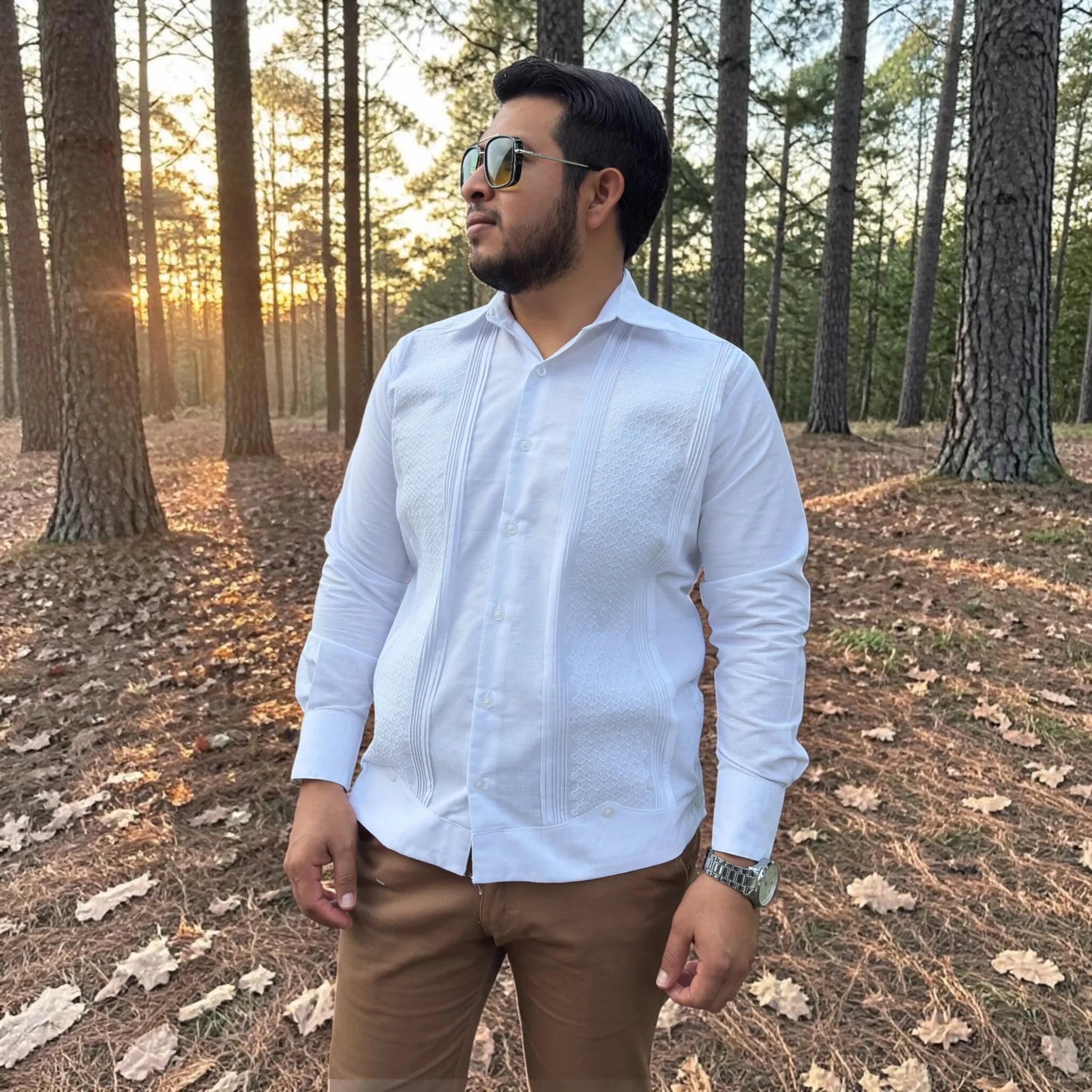 Guayabera Manga Larga MOD.158 Bordado Panal Blanco | Guayabera artesanal | HETAREN GUAYABERAS