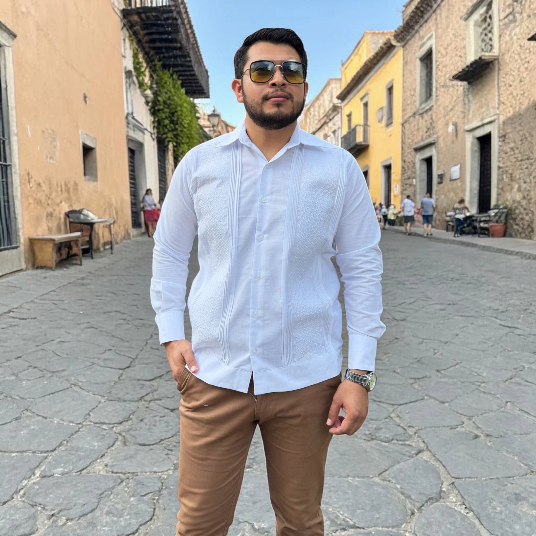 Guayabera Manga Larga MOD.158 Bordado Panal Blanco | Guayabera artesanal | HETAREN GUAYABERAS