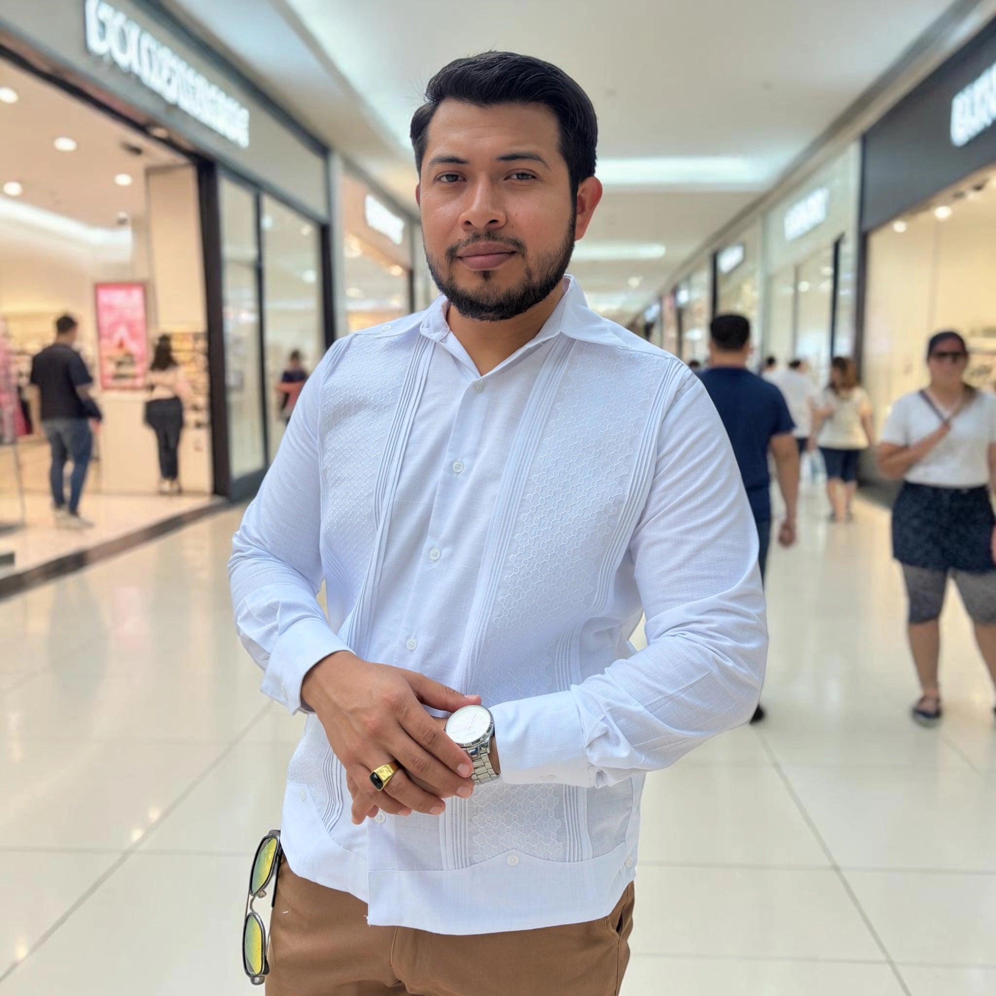 Guayabera Manga Larga MOD.158 Bordado Panal Blanco | Guayabera artesanal | HETAREN GUAYABERAS