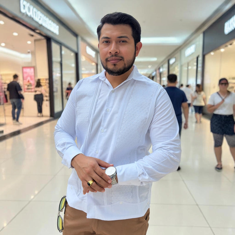 Guayabera Manga Larga MOD.158 Bordado Panal Blanco | Guayabera artesanal | HETAREN GUAYABERAS