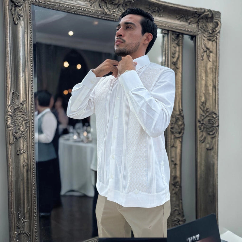 Guayabera Manga Larga MOD.158 Bordado Panal Hueso | Guayabera artesanal | HETAREN GUAYABERAS