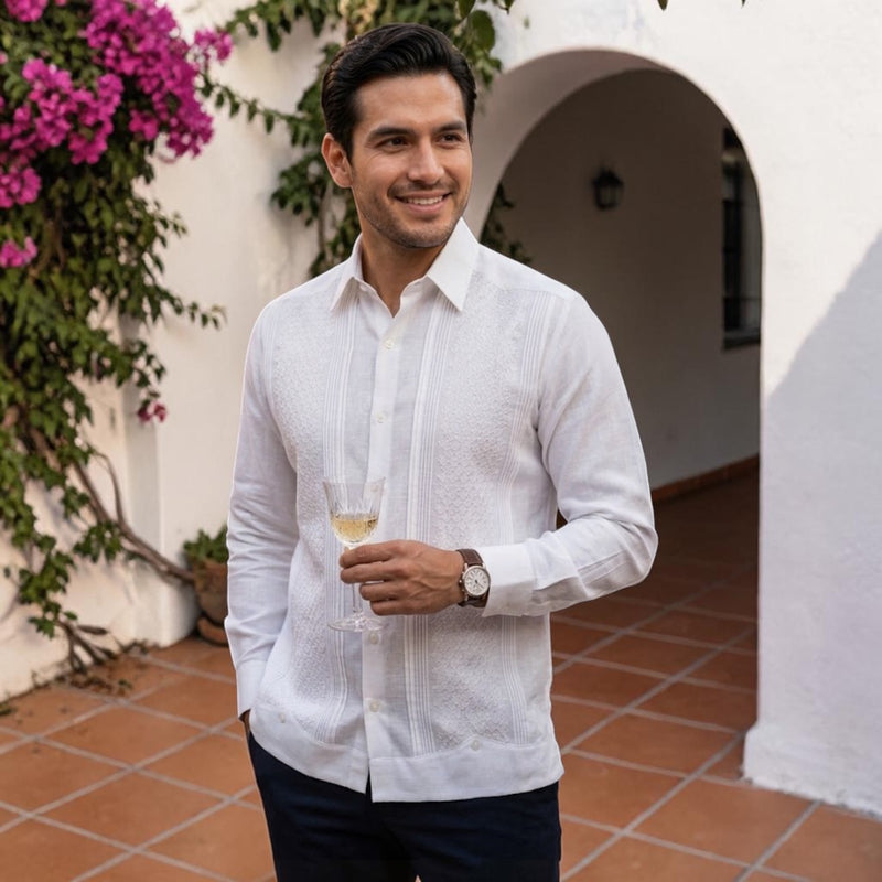 Guayabera Manga Larga MOD.158 Bordado Panal Hueso | Guayabera artesanal | HETAREN GUAYABERAS