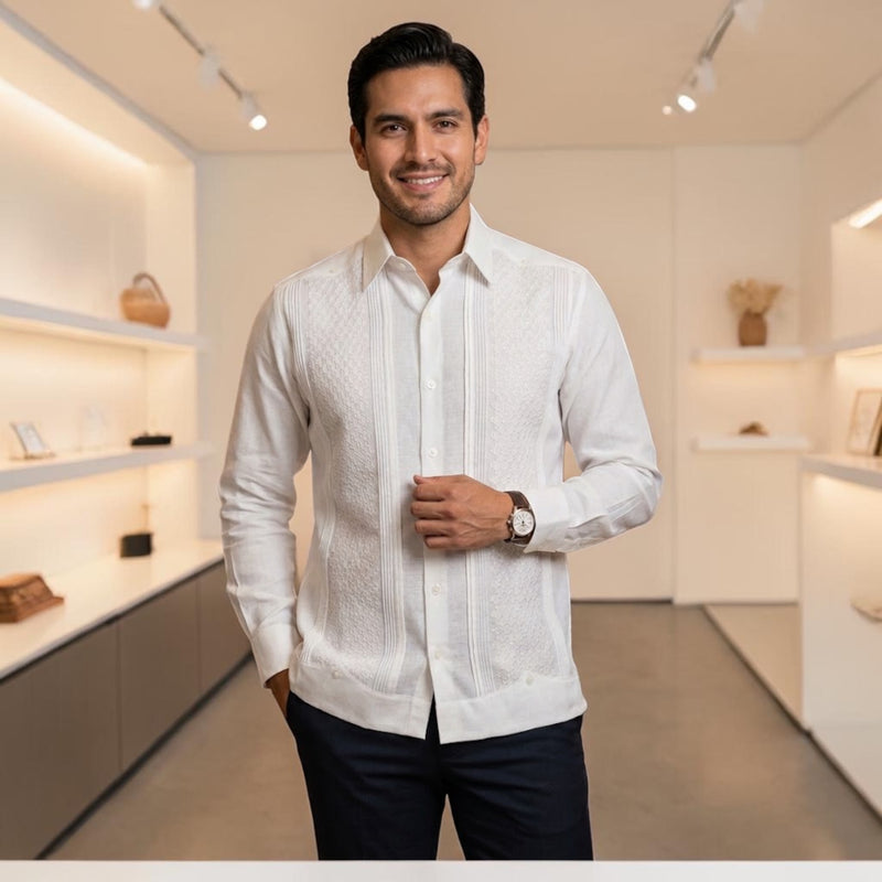 Guayabera Manga Larga MOD.158 Bordado Panal Hueso | Guayabera artesanal | HETAREN GUAYABERAS