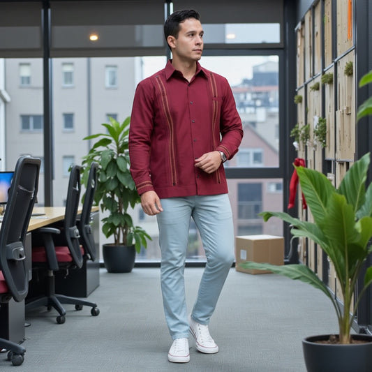 Guayabera MOD.065 Manga Larga Modelo Chichen Itzá con bordado en color vino y dorado