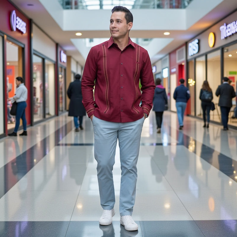 Guayabera MOD.065 Manga Larga Modelo Chichen Itzá Bordado Color Vino y Dorado | Guayabera artesanal | HETAREN GUAYABERAS