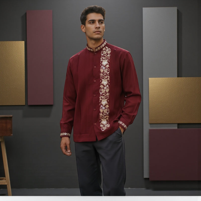 Guayabera Manga Larga MOD.001 Con Bordado de Colibrí en Cuello y Puño | Guayabera artesanal | HETAREN GUAYABERAS