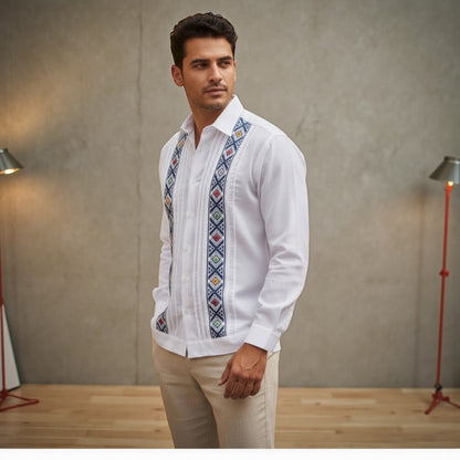 Guayabera Manga Larga MOD.076 Con Bordado De Gemas Colores Fuertes