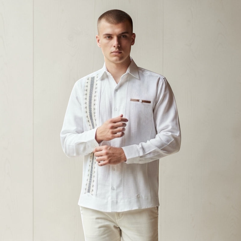 Guayabera Manga Larga MOD.007 Bordado de 2 colores y su bolsa de vivo combinado | Guayabera artesanal | HETAREN GUAYABERAS